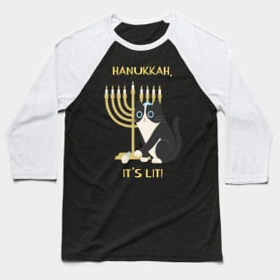 Hanukkah, It's Lit! Dreidel Chanukah Jewish Cat Menorah Baseball T-Shirt